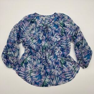 Tommy Bahama Womens Blue Purple Tropical Silk Cotton Blend Blouse S